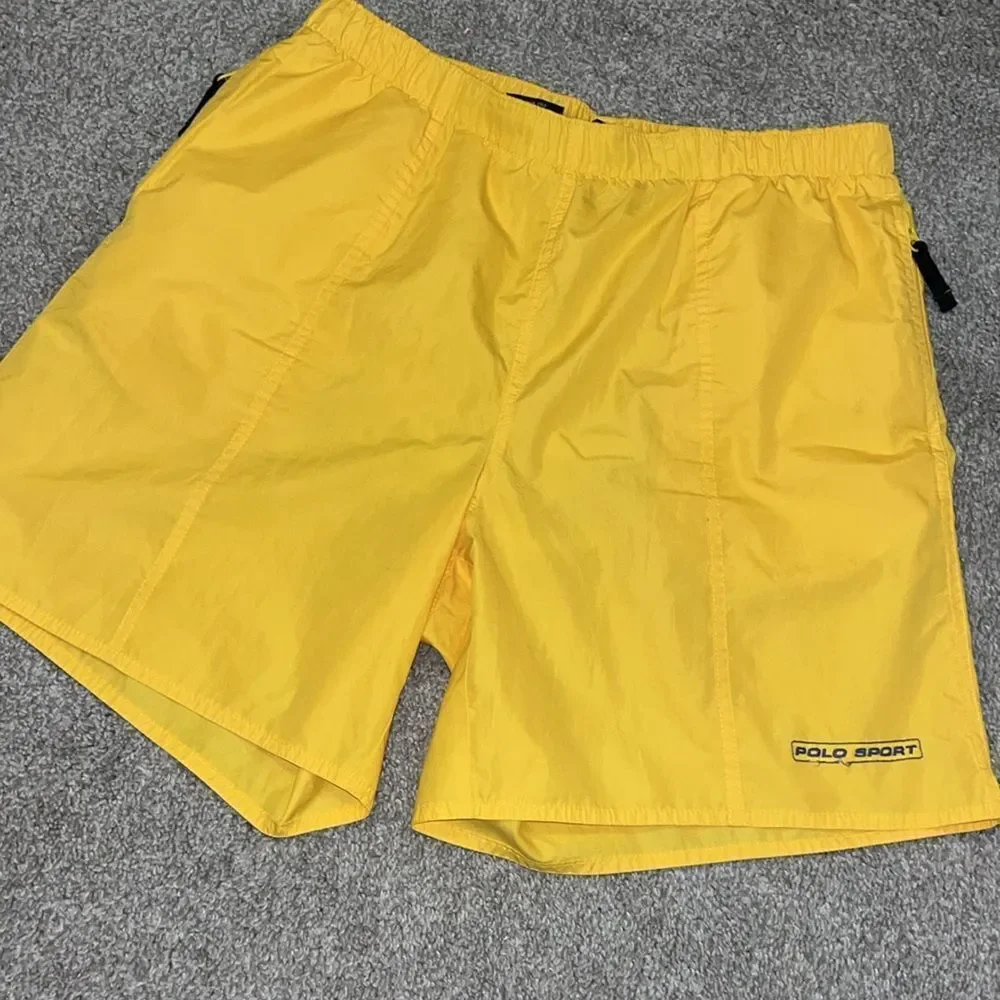 Vintage Polo Sport Yellow Ralph Lauren mesh lined yacht swim board trunks shorts
